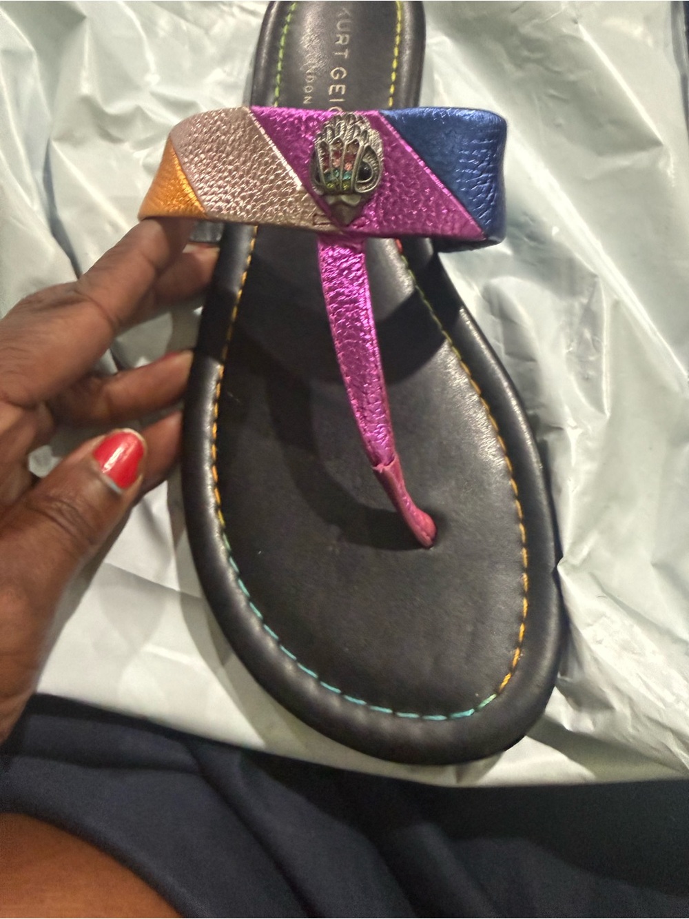 Kurt Geiger Pink Blue Rose Metallic Toe-Post Sandal with Decorative Charm - Picture 3 of 3